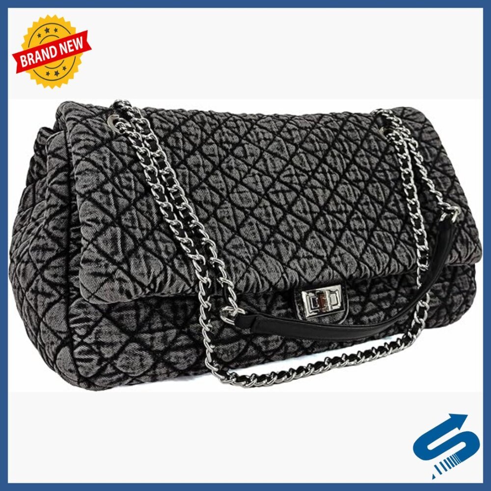 Oversized Quilted Denim Hobo Bag with Chain Strap, Large Tote Purse